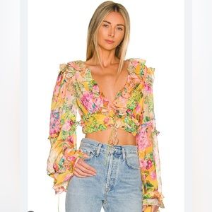 For Love & Lemons - Nina Floral-Print Cropped Chiffon Top In Yellow NWT Small